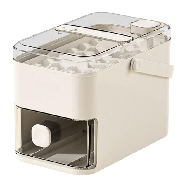 bandeja de hielo con tapa herramientas para hacer hielo máquina portátil multifuncional para hacer hielos enrejado 28 cubos blancos Vista 3/4 de bandeja blanca de PP con tapa transparente, asa lateral, rejilla interior para 28 cubitos y compartimento frontal dispensador; apilable y portátil para cocina, barras y fiestas; a menudo usada también para congelar pequeños moldes de chocolate o gelatina.