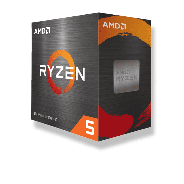 procesador amd ryzen 5 5600t am4 caja en vista 3/4, embalaje plateado con anillo naranja y rojo y logotipo AMD; ventana muestra el chip plateado con AMD RYZEN; Serie Ryzen 5000, arquitectura Zen 3, 6 núcleos, 12 subprocesos, turbo hasta 4.5 GHz, TDP 65W y socket AM4.