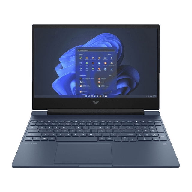 laptop victus gaming 15-fa0021la,15.6, intel core i5, 8gb ram, 512gb ssd, nvidia geforce rtx 3050, fhd, windows 11 home, azul metalizado brillante vista frontal centrada de portátil abierto con pantalla FHD mostrando Windows 11, teclado gaming de tamaño completo y touchpad centrado; chasis azul metalizado brillante, logo en la bisagra y fila de puertos laterales que sugiere HDMI y USB-C. También es adecuada como estación portátil para creación de contenido y juego.
