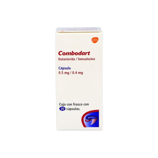 combodart 0.5 mg/0.4 mg, 30 cápsulas caja frontal centrada de medicamento blanco con texto rojo y azul que indica Dutasterida / Tamsulosina y dosificación 0.5 mg / 0.4 mg; leyenda "Caja con frasco con 30 cápsulas" y logos naranja y azul en el borde inferior.