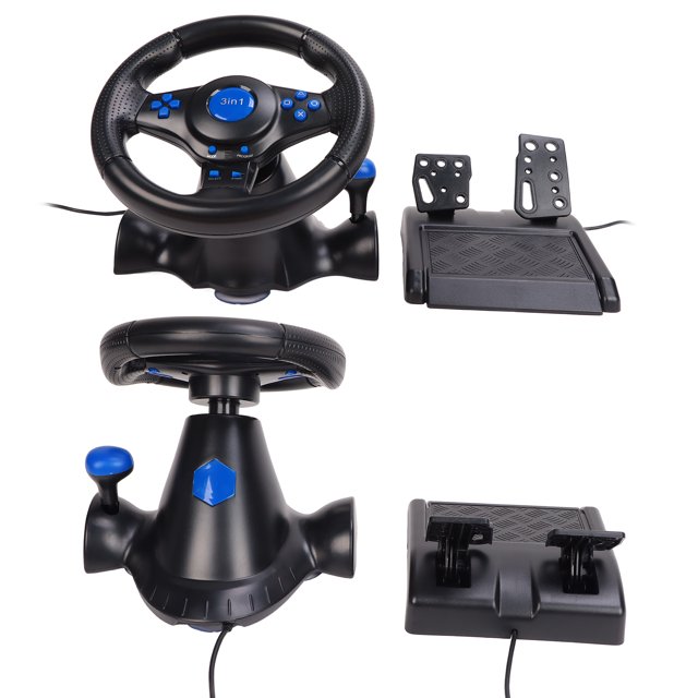 volio de dirección del juego 180 grados rotacia multifuncional 3 en 1 rueda de carreras de juegos con pedales para pc Producto de importación volante negro con acentos azules y emblema '3in1' en vista frontal, base cónica con palanca de cambios lateral y cable USB visible; pedales independientes con plataforma texturizada a la derecha; a menudo usado para simuladores de carreras en PC y consolas compatibles según especificación.