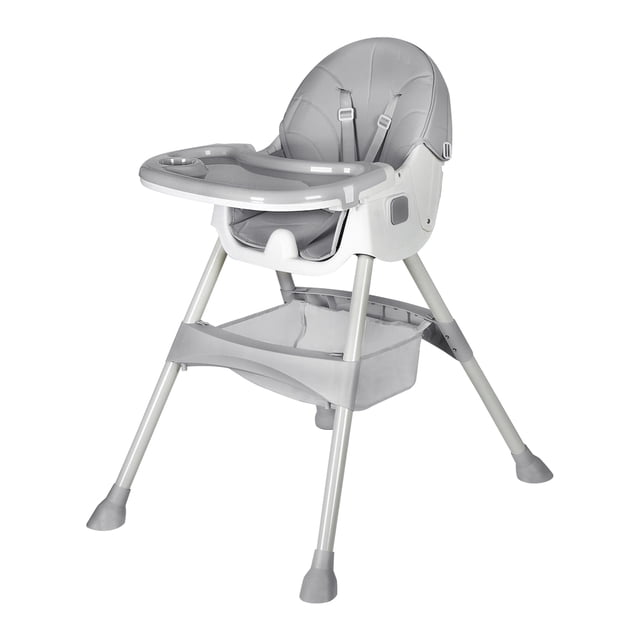 silla periquera alta para bebé agbox color gris multifuncional 2 en 1 vista frontal en 3/4, silla alta convertible en silla infantil con bandeja extraíble, asiento de polipropileno gris con arnés de tres puntos y respaldo reclinable en 3 posiciones, estructura plegable de patas con topes antideslizantes y cesta inferior para accesorios; adecuada también como asiento auxiliar para niños en reuniones familiares.