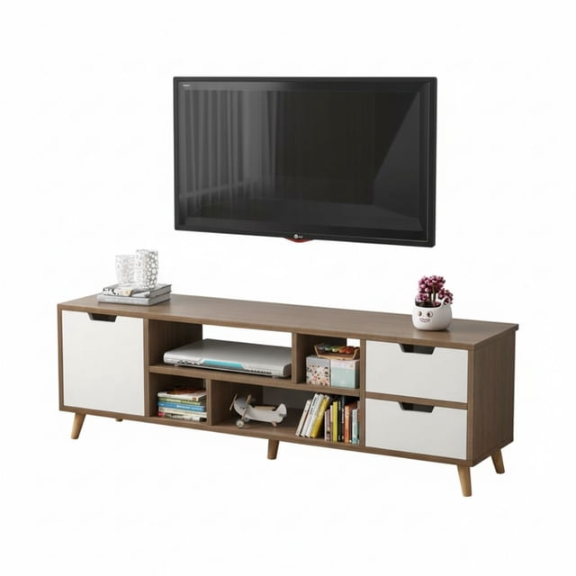 mueble de tv mesa modular rack pantalla multifuncional en madera oscura y blanco con 120 cm de largo. Vista frontal centrada: estructura bicolor con frentes blancos, gabinete lateral con puerta izquierda, dos cajones centrales apilados a la derecha y múltiples nichos abiertos para consolas, decodificadores, libros y objetos decorativos. Patas cónicas de madera elevadas y hueco trasero para gestión de cables; apto para sala, dormitorio o home cinema.