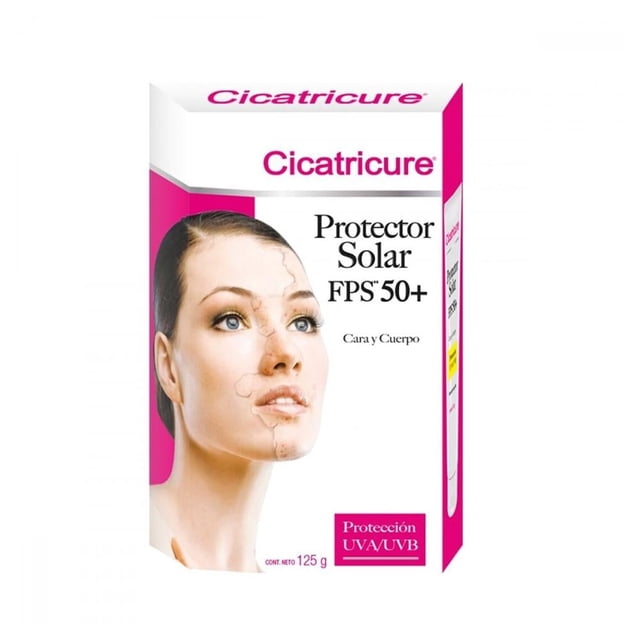 protector solar cicatricure fps 50+ cara y cuerpo 125 g caja frontal blanco y rosa con logo Cicatricure, texto "Protector Solar FPS 50+ Cara y Cuerpo" y sello rosa "Protección UVA/UVB", imagen parcial de rostro femenino; bloqueador humectante para uso diario en cara y cuerpo, contenido neto 125 g.