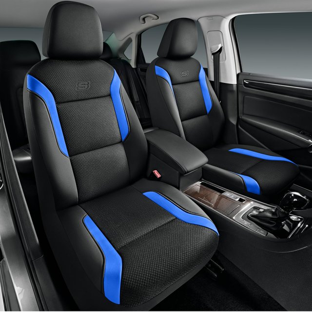 fundas para asientos de coche skechers memory foam air cool mesh blue vista frontal de dos asientos con fundas negras y paneles azules; respaldo y cojín contorneados con logotipo Skechers en el apoyacabezas, combinación visible de cuero y malla Air-Cool, espuma viscoelástica Skechers para confort y alivio de presión; interior de auto moderno; también suelen usarse para renovar y proteger asientos.