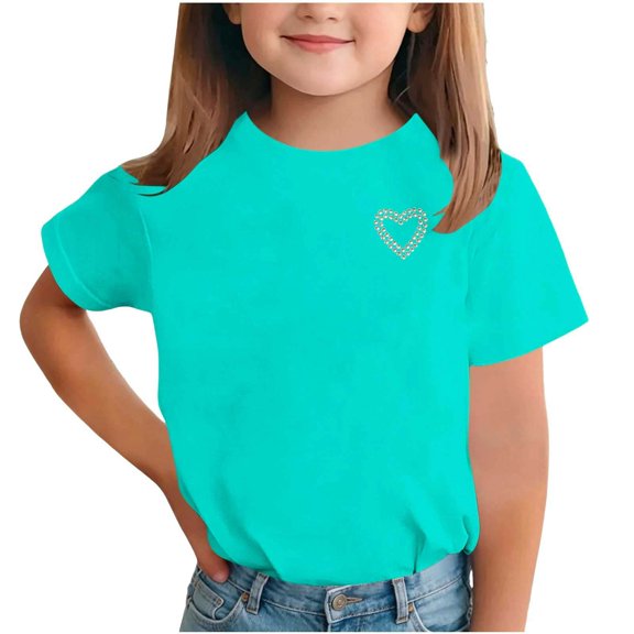 Camisetas de Cuello Redondo para Niñas - Camisetas de Manga Corta con Corazón de Pedrería, Tops Ligeros Casuales de Verano Azul Claro 2 Años