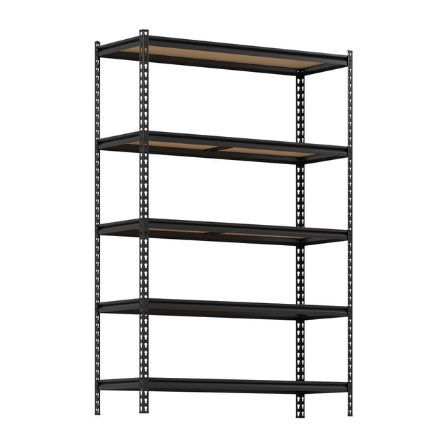 estantería metálica – 5 niveles – 3850 lbs – estantes ajustables – alta resistencia – garaje, almacén, cocina, lavadero o sótano – negro – 1220x454x1850 mm – 350 kg por nivel Vista frontal centrada de la estantería Tropow de 5 niveles en negro; estructura de acero perforada con orificios de ajuste cada 3 cm, tableros MDF de 6 mm en tono madera, barras de refuerzo bajo cada balda y patas con protectores antideslizantes sobre fondo neutro. Suele usarse también para organizar cajas, herramientas o suministros en garaje o trastero.
