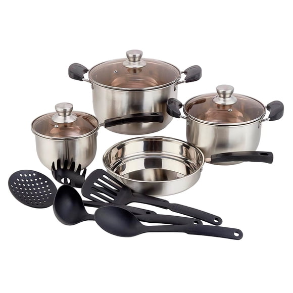 Bateria de Cocina Ambient 21 Juego de Cacerolas Acero Inoxidable Utensilios Nylon Dorada