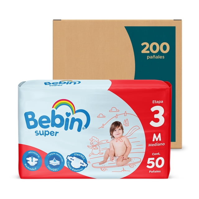 bebin super | pañal bebé, etapa 3, mediano (6-10kg), unisex, caja con 200 piezas Paquete frontal blanco y rojo con logo Bebin Super y dibujo de bebé; empaque frontal muestra 'Cont. 50 pañales' y caja de cartón al fondo indica 200 pañales. Iconos indican Tecnología Flexisec (ajuste), Maxigel (absorción) e indicador de humedad que cambia de color. A menudo usado para llevar repuestos en salidas cortas.