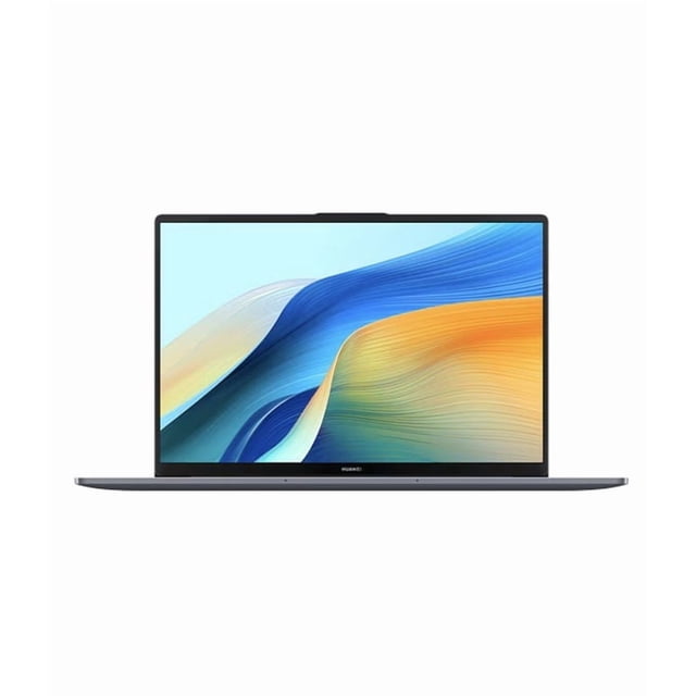 laptop huawei matebook d16 16” fhd | intel core i5-13420h | 16gb ram | 512gb ssd | cuerpo de metal | windows 11 pro, teclado en español. Vista frontal centrada de la MateBook D16 abierta, pantalla IPS 16" FHD+ 16:10 con biseles delgados, carcasa de metal gris y borde inferior con logo Huawei; teclado en español con teclado numérico no visible por el ángulo. Adecuada para productividad y presentaciones móviles.