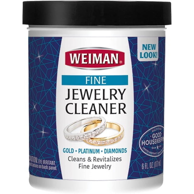 limpiador de joyas weiman fine liquid 180 ml para oro y platino envase marfil/plateado con tapa negra, vista frontal centrada que muestra la marca Weiman y el texto "Fine Jewelry Cleaner", ilustración de anillos de oro y platino y leyenda que indica uso para oro, platino y diamantes; a menudo usado también para remojar y limpiar anillos y collares pequeños en casa.