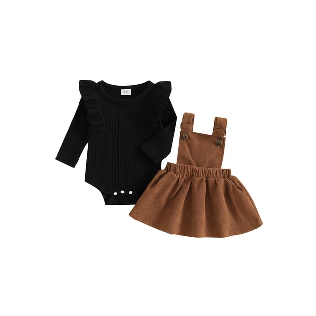 Conjunto de otoño para bebé niña: pelele liso de manga larga con volantes y cuello redondo, y falda de pana con tirantes (2 piezas).