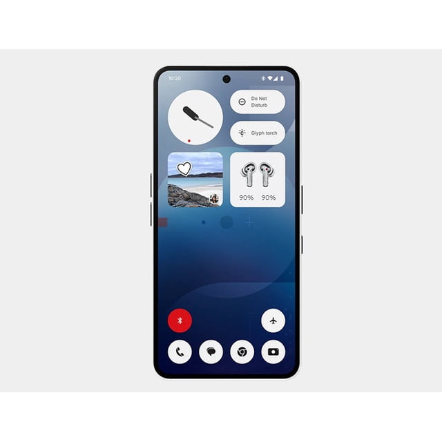 nothing phone 3a 5g dual sim 128gb rom 8gb ram gsm unlocked - white vista frontal del Nothing Phone (3a) blanco con pantalla AMOLED de 6.77" que muestra la pantalla principal Android 15 con widgets circulares y iconos redondeados; lados planos, biseles estrechos, cámara frontal en orificio centrado y botones laterales visibles — 8+128GB, doble nano-SIM, 120Hz, Snapdragon 7sgen3, 5000mAh. También apto como dispositivo secundario de entretenimiento en viaje.