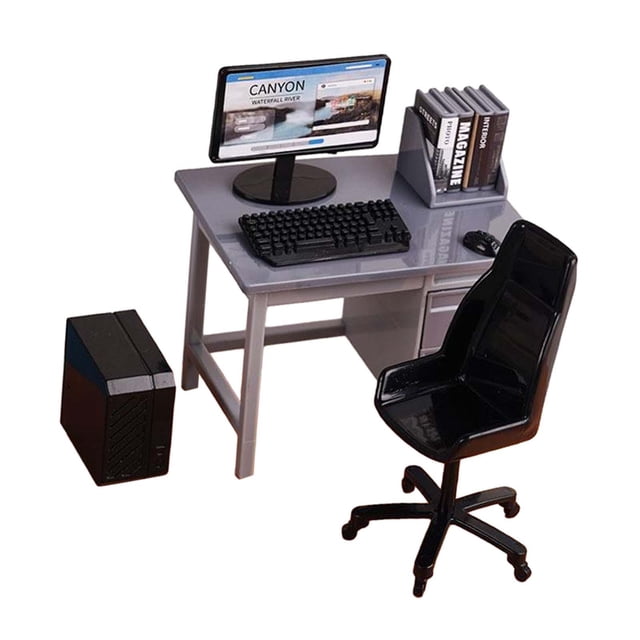 juego de silla de escritorio para computadora a escala 1:12, escenas de muebles en miniatura, silla de escritorio de oficina en miniatura gris — escritorio gris en miniatura con monitor sobre base negra, teclado y torre de PC separados, organizador de archivos sobre la mesa y silla giratoria negra con base de cinco ruedas; piezas de plástico detalladas, tamaño aprox. 10 x 6.4 x 10 cm; ideal para dioramas, maquetas y jardines de hadas.