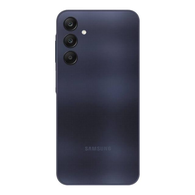 smartphone samsung galaxy a25 128gb negro desbloqueado vista trasera centrada con tres cámaras verticales y flash LED, carcasa negra texturizada con acabado mate, logotipo Samsung en la parte inferior y lector de huellas lateral; referencia a pantalla Super AMOLED 6.5" FHD+ 120Hz, sensor principal 50MP con OIS y batería 5000 mAh; a menudo usado como referencia para pruebas de fotografía móvil debido a su sensor de 50MP.