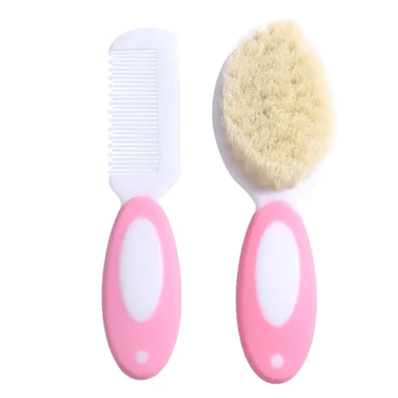 2pc XtellarJuego De Peine Y Cepillo Para Bebés, Cerdas Naturales Color Rosa