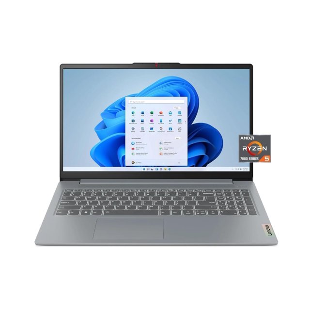 laptop lenovo ideapad slim 3i 15.6” fhd touch ryzen 5 7520u 8gb ram 512gb ssd plateada, vista frontal abierta con pantalla táctil Full HD 15.6" mostrando Windows, teclado numérico retroiluminado y touchpad centrado; etiqueta AMD Ryzen 5 en la esquina derecha y fondo neutro, adecuada para trabajo y clases en línea.
