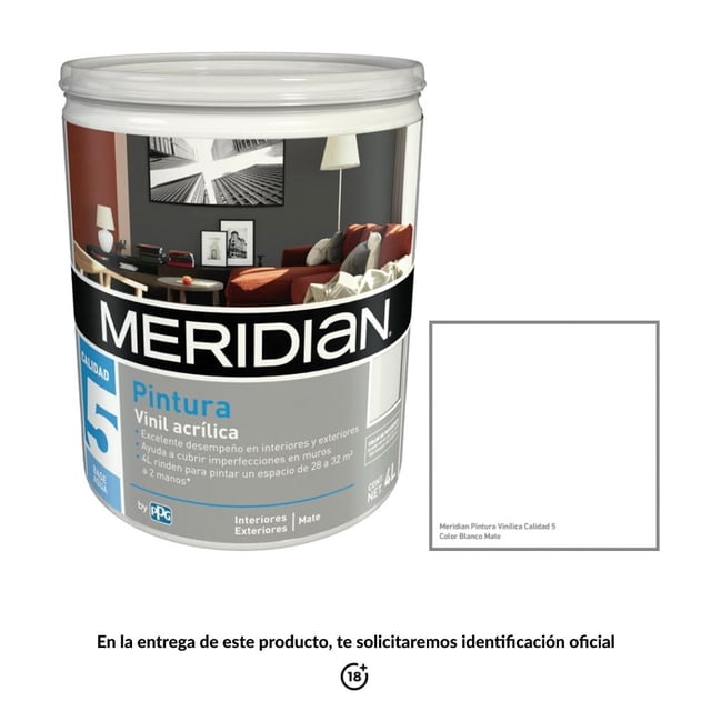 pintura meridian plus 5 años blanco mate 4 litros bote frontal Meridian pintura vinil acrílica blanca mate 4 L, vista centrada con etiqueta que muestra sala decorada y el sello '5'; para interiores y exteriores, alto poder cubriente, rinde aprox. 28 m² a dos manos; también suele usarse para retoques rápidos en carpintería interior.