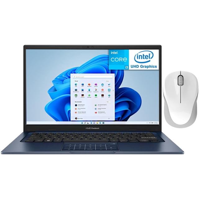 laptop asus vivobook 14 intel core i3 1315u 16gb ssd 512gb 14" fhd teclado ingles mouse dxt estudio y multitarea Frontal centrada de una ASUS Vivobook 14 azul con pantalla 14" Full HD mostrando Windows 11; teclado chiclet en inglés, panel táctil con numerpad integrado y mouse inalámbrico blanco a la derecha, carcasa delgada y biseles reducidos, orientada a estudio y multitarea; a menudo usada para productividad y tareas escolares.