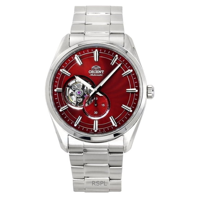 orient classic contemporary stainless steel red open heart dial automatic ra-ar0010r men's watch reloj para hombre con esfera roja abierta (open heart), caja y brazalete de acero inoxidable, vista frontal centrada, subesfera de segundos a las 6, movimiento automático y resistencia al agua 50M; también adecuado para guardarlo como reloj de viaje por su tamaño compacto.