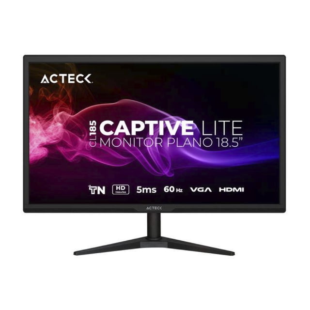 monitor plano acteck 18.5" captive lite cl185 hd, 1366x768, 60hz , vga, hdmi 1.4 Negro monitor LED 18.5" con panel TN y resolución HD 1366x768; vista frontal centrada con pantalla encendida, base en Y y soporte cilíndrico. Entradas HDMI 1.4 y VGA, montaje VESA 75x75 mm, tecnología Flicker-Free y cobertura ~92% sRGB; ideal para oficina, estudio o como pantalla secundaria.