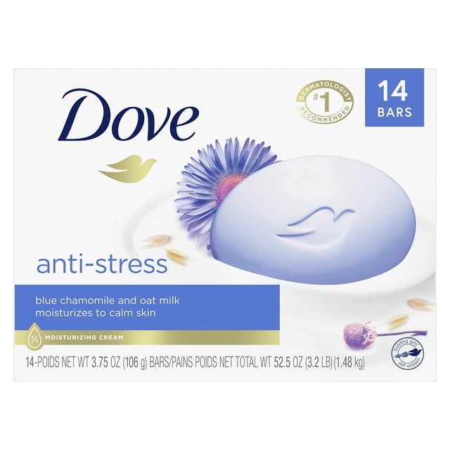 dove beauty bar gentle cleanser moisturizes to calm skin anti-stress cream bar gentle bar soap cleanser made with 1/4 moisturizing cream 3.75 oz 14 count Caja con 14 barras Dove color púrpura; vista frontal de la caja blanca mostrando una barra ovalada lavanda con paloma en relieve, texto "anti-stress" y flores de manzanilla azul y avena que sugieren aroma y acción hidratante.