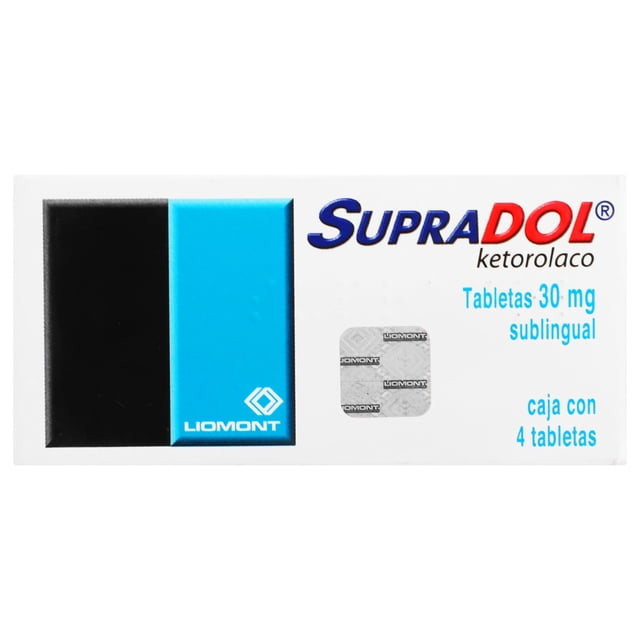 supradol sublin 30 mg tab 4 caja con 4 tabletas ketorolaco sublingual: empaque blanco horizontal con logo SUPRADOL en azul y rojo, texto "Tabletas 30 mg sublingual", franja vertical negra y celeste a la izquierda y blíster parcial con tabletas; venta con receta médica.