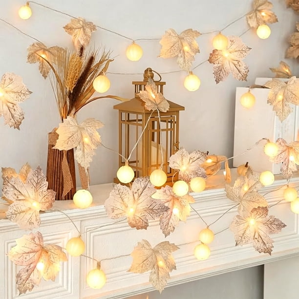 Guirnalda de calabazas otoñales con luces de hojas de arce, luces LED a pilas para decoración de otoño, ideal para interiores y exteriores, Halloween, Acción de Gracias, hogar y jardín.