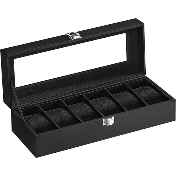 SONGMICS Caja de Relojes, Estuche con 6 Compartimentos, Cojín de Terciopelo, Cerradura, 11.2 x 30 x 8 cm, Negro y Negro