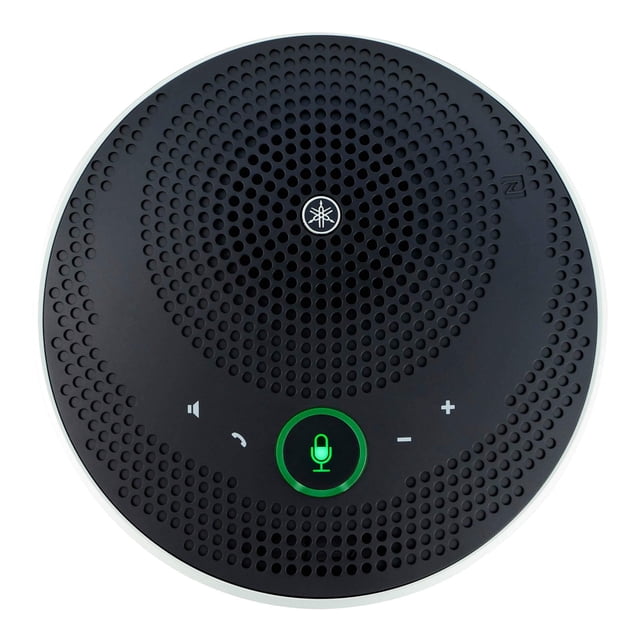 altavoz yamaha yvc-200 portátil usb y bluetooth Vista cenital del altavoz de conferencia Yamaha YVC-200, cuerpo circular compacto con rejilla negra perforada y logo Yamaha en el centro; botones táctiles delanteros iluminados (micrófono, volumen +/- y silencio) con anillo verde activo y borde blanco; conecta por USB, Bluetooth o NFC, batería recargable y estuche de transporte incluidos; también suele usarse para llamadas de conferencia y reuniones móviles.