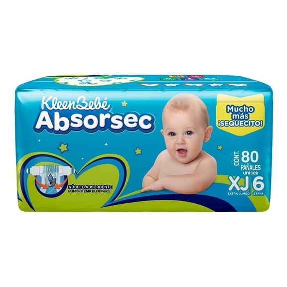 Pañales Kleenbebé Absorsec etapa 6 talla extra jumbo unisex 80 piezas