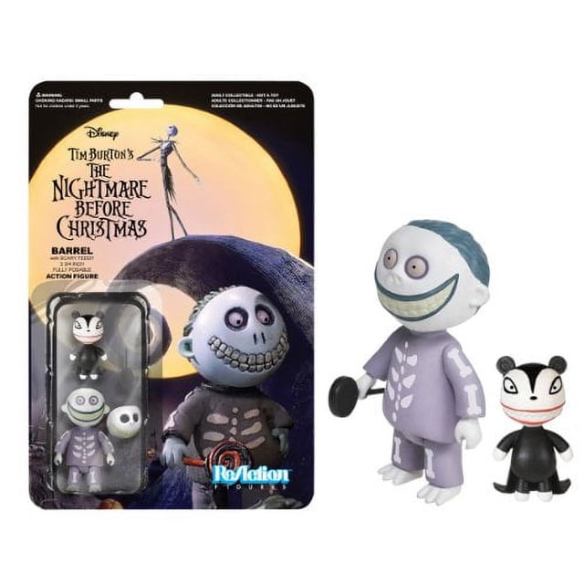 figura de acción funko nightmare before christmas barrel 9,5 cm ReAction, figura articulada de 9,5 cm con cabeza redonda multicolor y traje morado con detalles esqueléticos blancos; incluye accesorios de piruleta y peluche vampiro, presentada junto a su blister con arte de The Nightmare Before Christmas.
