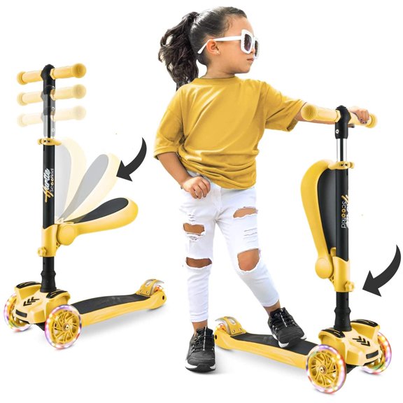 Patineta Scooter Hurtle con 3 Ruedas Luces LED Ajustable Asiento Plegable con Freno Infantil Amarillo