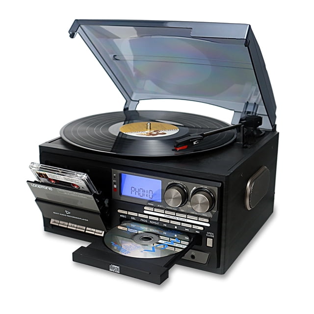 tocadiscos de vinilo looptone 10 en 1, 3 velocidades, bluetooth, negro y gris, vista 3/4 con tapa translúcida abierta y disco en el plato; unidad compacta negro y gris con pantalla LCD azul, dos perillas frontales, ranura de CD con disco visible, casete desplegado, botones de control, altavoz lateral y brazo lector con detalle rojo; incluye radio AM/FM y conectividad Bluetooth; también suele usarse para grabar vinilos a MP3 o reproducir en reuniones.