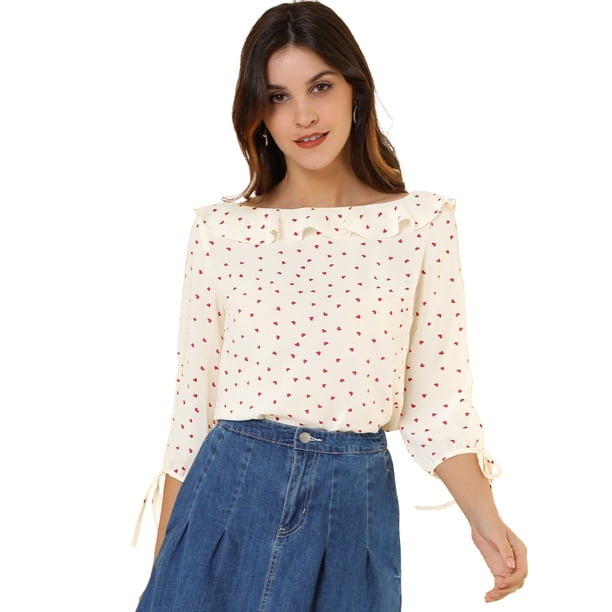 Allegra K Blusa de lunares de verano de media manga con cuello con volantes para mujer Rojo beige XS