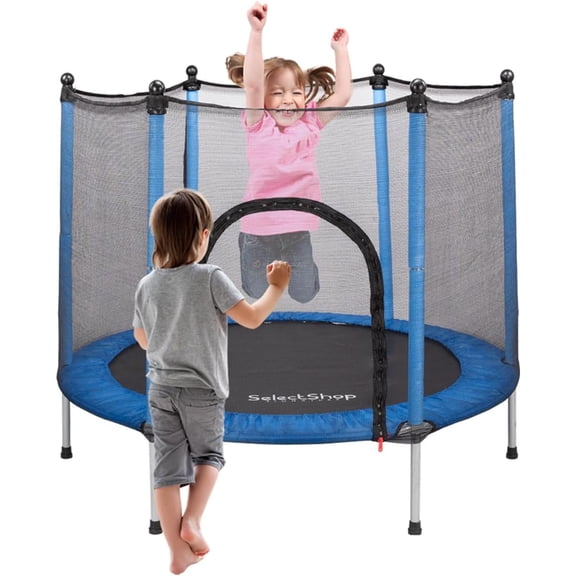 Trampolín para niños con Red De Seguridad Brincolín Infantil De 55 Pulgadas Brincolines De Niños para Fiestas Trampolin con Postes Acolchados para Interiores y Exteriores Azul
