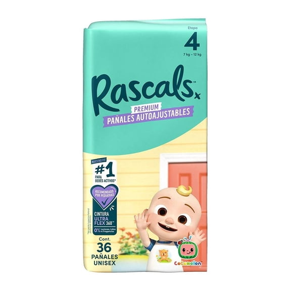 Pañales Rascal + Friends CoComelon auto ajustables etapa 4 mediano 36 pzas