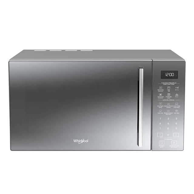 microondas de mesa whirlpool wm3911d con airfry y 4 modos en 1 plata. Vista frontal con puerta de acero inoxidable reflectante y manija vertical cromada a la derecha; panel táctil LED con pantalla digital e iconos. Capacidad 1.0 cu ft, funciones microondas, grill, convección y AirFry con plato giratorio. Suele usarse también para recalentar y dorar porciones pequeñas de forma rápida.
