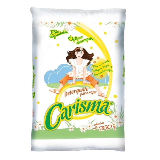 detergente en polvo carisma biodegradable 250 g — Bolsa frontal blanca con ilustración de mujer sobre arco amarillo, logotipo 'Carisma' en verde y amarillo, leyenda 'detergente para ropa' y 'contenido neto 250 g', marca 'biodegradable' visible y decoración floral; presentación compacta para guardar en cuarto de lavado, a menudo usada para lavado doméstico de prendas.