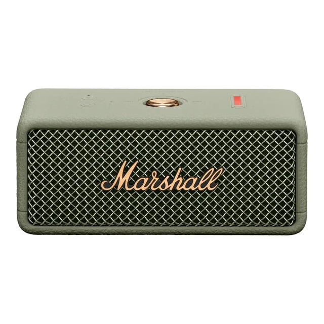 bocina portátil marshall emberton iii color verde frontal rectangular con rejilla metálica en patrón diamante y logotipo Marshall dorado; carcasa verde texturizada, botón circular dorado superior, indicador LED y controles visibles; diseño compacto y resistente con Bluetooth, sonido potente ideal para viajes y reuniones.