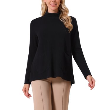 Suéter de cuello alto de punto para mujer INSPIRE CHIC, con bolsillo, de manga larga, casual, otoño e invierno, color negro, talla S