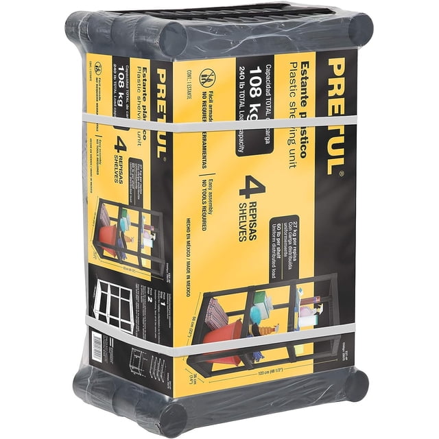 estante plastico pretul 4 repisas capacidad máx 108 kg estantería de polipropileno negro con cuatro repisas ventiladas, empaquetada en vista frontal; ensamble sin herramientas, medidas 56 cm ancho x 123 cm alto x 36 cm fondo, capacidad total 108 kg (27 kg por repisa); también suele usarse como organizador de garage o bodega.