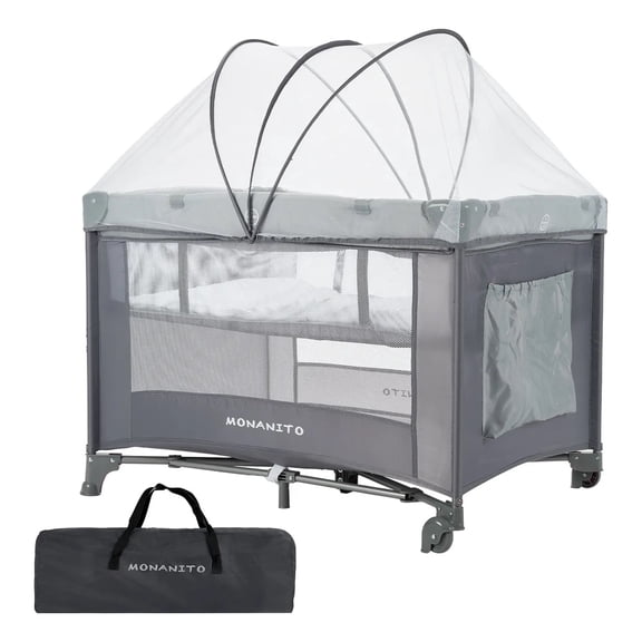 Monanito Cuna Viajeracorral 2 En1bebé Plegablecon Mosquitera Color Gris Oscuro Diseño De La Tela Polyester