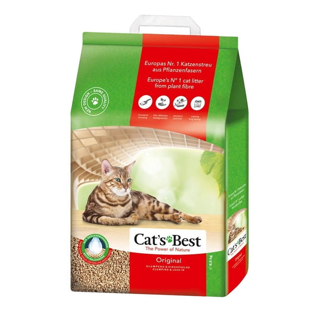 arena para gato cats best 20 lts 8.6 kg biodegradable cats best 20 litros Bolsa de 20 L (8.6 kg) con asa; vista frontal del empaque verde y rojo de Cat's Best 'Original' con iconos de absorción y control de olores, foto de un gato atigrado recostado y textura de fibras de madera visible. Producto que usa fibras de madera activas para absorber y sellar líquido y olor; a menudo se usa para desechar los desechos diarios en el inodoro y es suave al contacto con las patas.