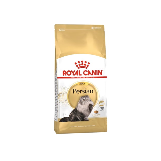 alimento seco para perro adulto royal canin raza persa 3.1 kg croquetas para gato Bolsa frontal vertical 3.1 kg Royal Canin Persian adulto; fondo blanco y dorado con logo rojo Royal Canin arriba, sello dorado con texto 'Persian' y fotografía de un gato Persa en perfil 3/4, ilustración de croquetas y pictogramas de nutrientes, descrito en la etiqueta como 'rico alimento específico para gatos Persa mayores de 12 meses' y a menudo usado por dueños para comparar tamaños de croqueta al seleccionar ración.