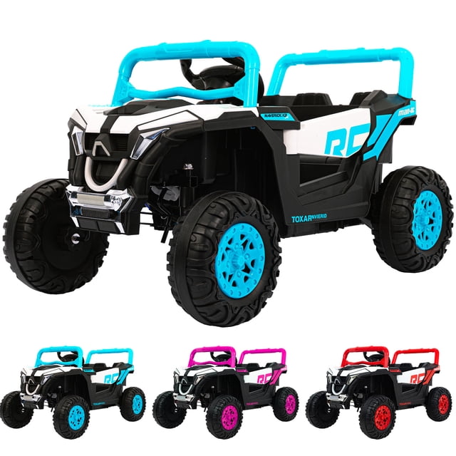carro eléctrico montable infantil coche buggy control remoto Azul SELECTSHOP, vista 3/4 frontal centrada del buggy para niños con barra antivuelco y ruedas todoterreno; asiento con cinturón visible, volante con claxon y controles de música, puertas abatibles y luces LED frontales. Panel con reproductor MP3, puerto USB y entrada auxiliar visibles; acabado plástico y rejilla cromada sobre fondo blanco con miniaturas de variantes de color. Su tamaño compacto lo hace adecuado también para paseos cortos en patios o parques.