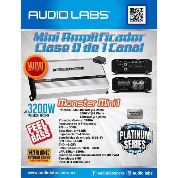 Mini Amplificador Monoblock Audio Labs MONSTER MINI1 3200 Watts Clase D con Controlador de bajos Audio Labs MONSTERMINI1