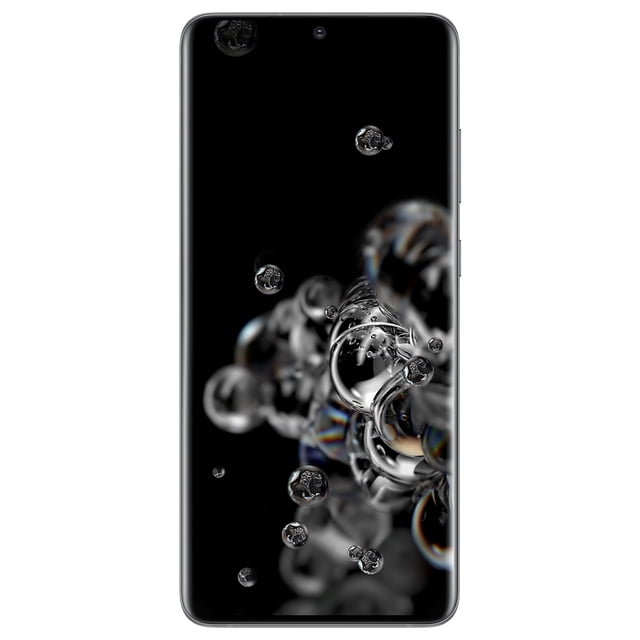 samsung galaxy s20 ultra 5g de 128 gb en gris cósmico teléfono inteligente prepago Straight Talk, vista frontal centrada con pantalla Infinity-O de 6,9 pulg. mostrando burbujas sobre fondo negro, orificio de cámara frontal en la parte superior y marco metálico gris cósmico; smartphone desbloqueado, a menudo usado para fotografía con zoom espacial de alta distancia.