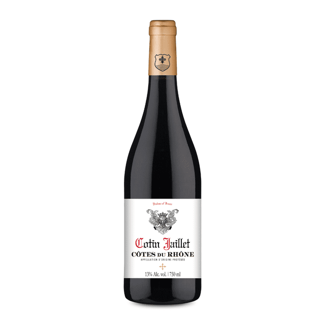 vino tinto francés: cotin jaillet a.o.p côtes du rhône 2022 botella frontal tipo borgoña con cápsula dorada y etiqueta blanca que muestra Cotin Jaillet en rojo y negro; procedente del sur de Francia según la ficha, aromas a frutos rojos, frutos negros y picante; se suele usar como regalo en eventos y en temporada navideña.