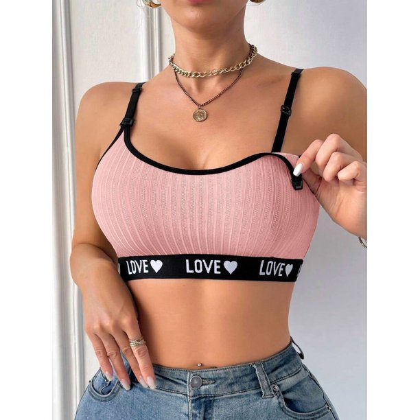 Sujetador De Lactancia Rosa Ribeteado Negro Con Estampado Love Y Corazones